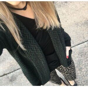 Cabi Fireside Zigzag Patterned Open Front Cardigan Sweater Black & Green #3015